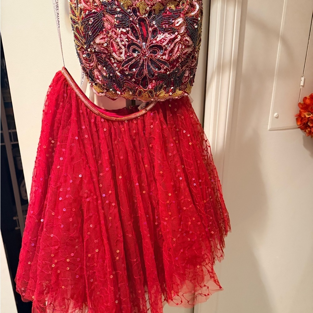 Elegant Red Embroidered two piece Dress - Picture 5 of 8